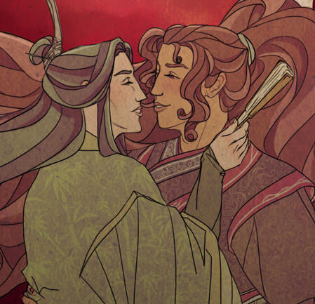 a cropped digital drawing of shen qingqiu and luo binghe from scum villain looking at each other.