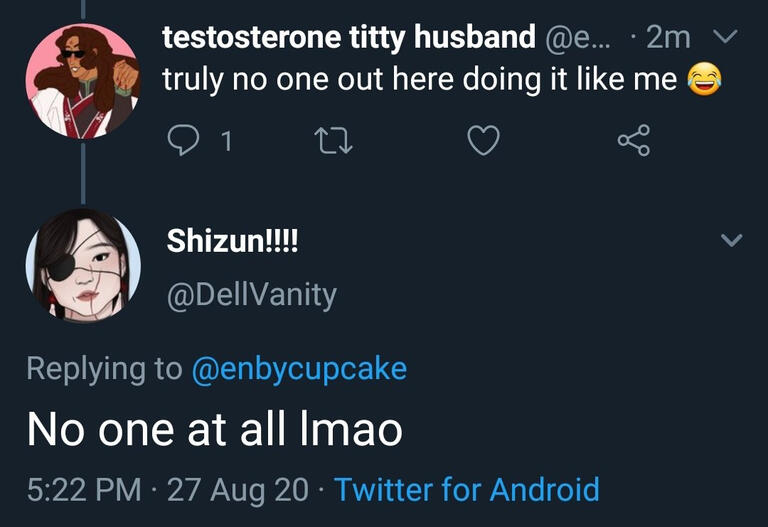 a cropped digital drawing of shen qingqiu and luo binghe from scum villain looking at each other.